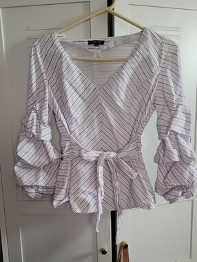 BLVD White and Black Striped Ruffle Tie-Waist Blouse